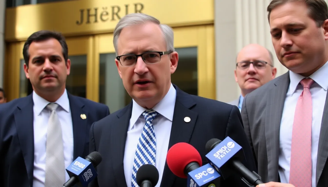 A JPMorgan banker stands outside a courthouse, flanked by her legal team as they prepare to address the media regarding her countersuit against an individual who accused her of sexual assault.