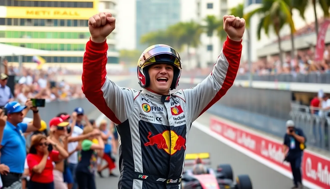 Kimi Antonelli celebrates his victory at the Miami Grand Prix, raising his arms in triumph as confetti falls around him while Lando Norris stands nearby, visibly disappointed.