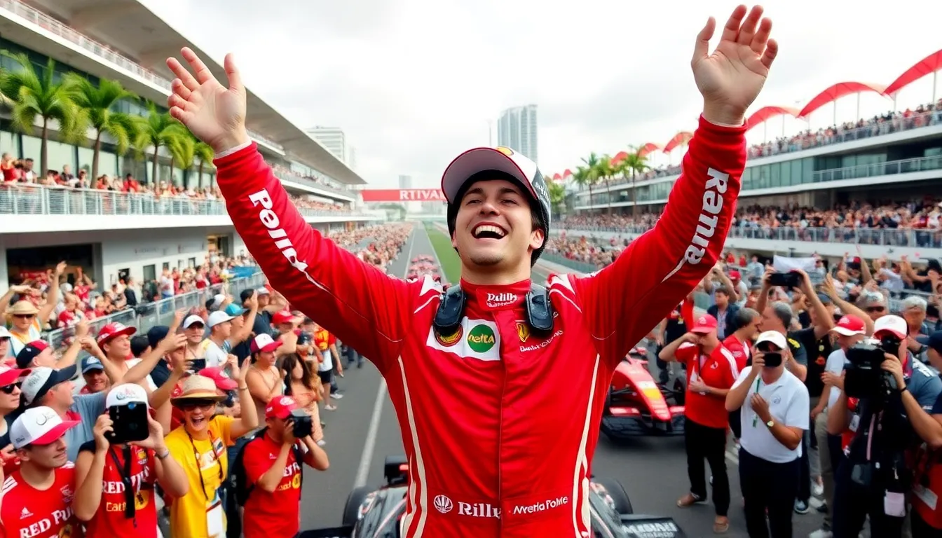 Fans cheer enthusiastically from the grandstands, capturing the electric atmosphere of the Miami GP as they witness the thrilling competition unfold on the track