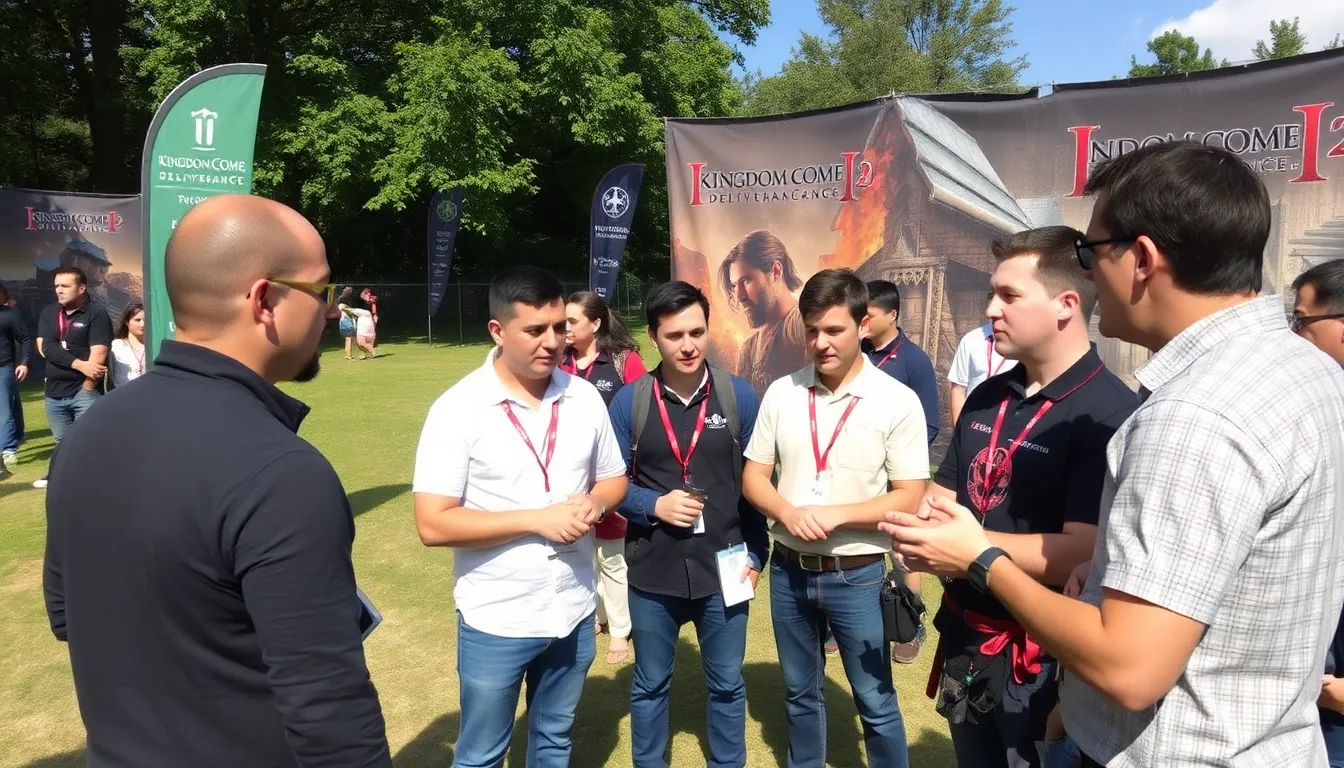 A group of gamers eagerly discusses the latest news about potential RPG projects from Warhorse Studios, with excitement evident on their faces as they speculate about a possible Lord of the Rings adaptation.