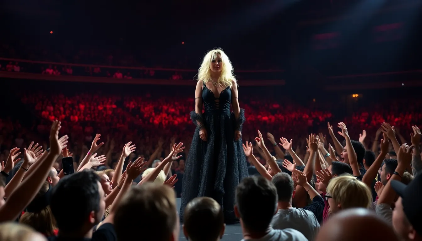 Lady Gaga performs passionately on stage, surrounded by dramatic lighting and elaborate set designs, captivating the audience during her Mayhem Requiem performance.