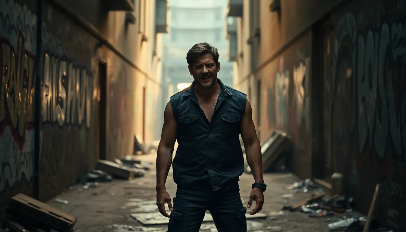 Jon Bernthal as Frank Castle stands in a dimly lit alley, his expression reflecting deep anguish and determination as he prepares for a confrontation in a scene from 'Punisher One Last Kill'.