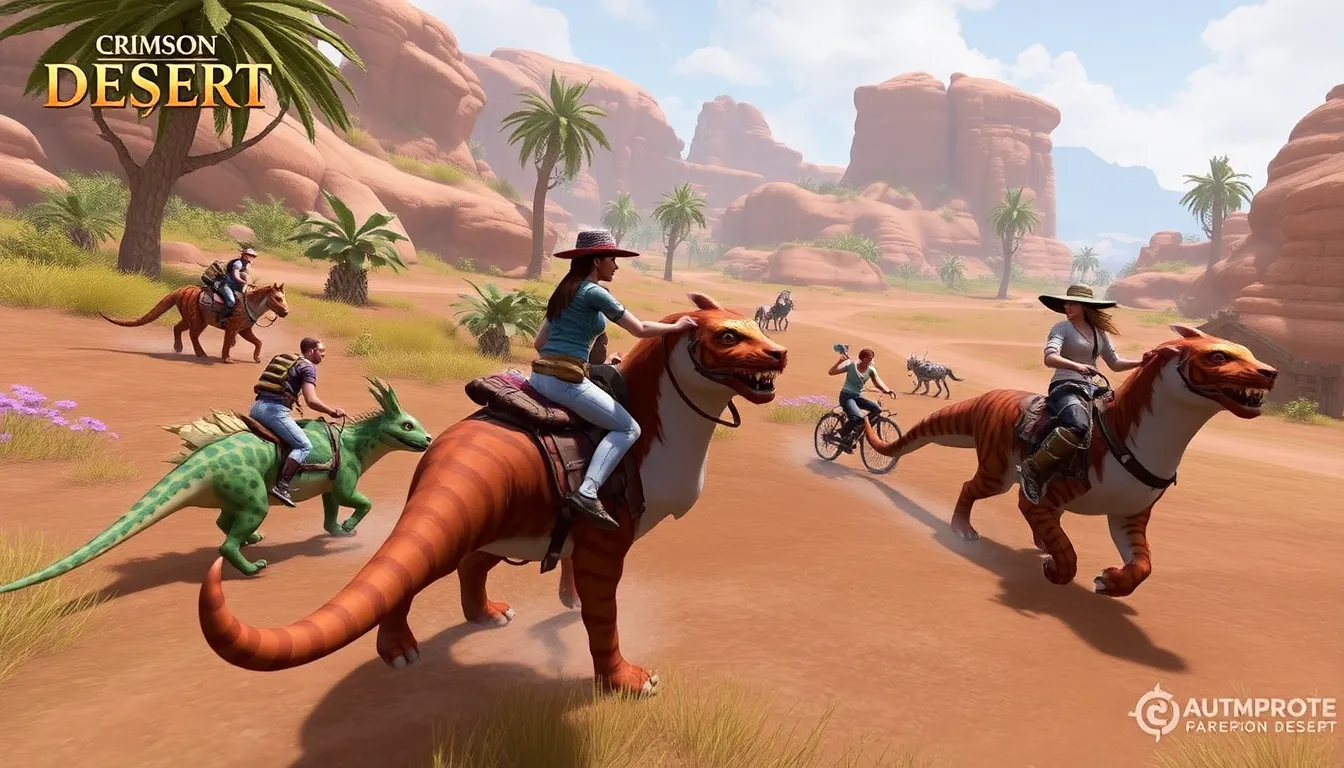 Players excitedly gather around a vibrant display showcasing the new iguana and tiger mounts in the MMORPG Crimson Desert during a live event.