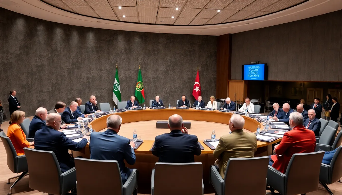 A group of NATO officials is seen discussing military strategies in a conference room, reflecting the heightened tensions surrounding the ongoing conflict in Ukraine.