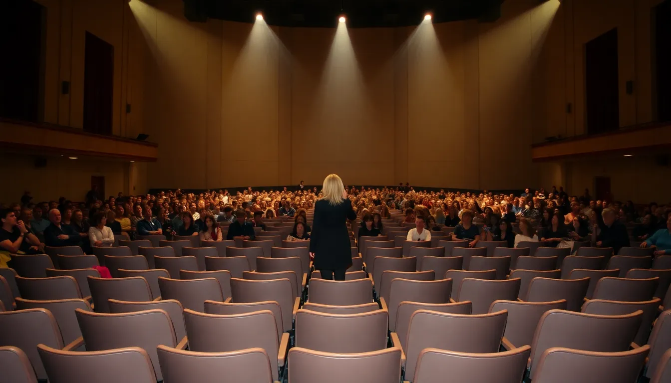 Lily Allen performs on stage during her onewoman show, with a sparse audience visible in the background, highlighting the low attendance at the event.