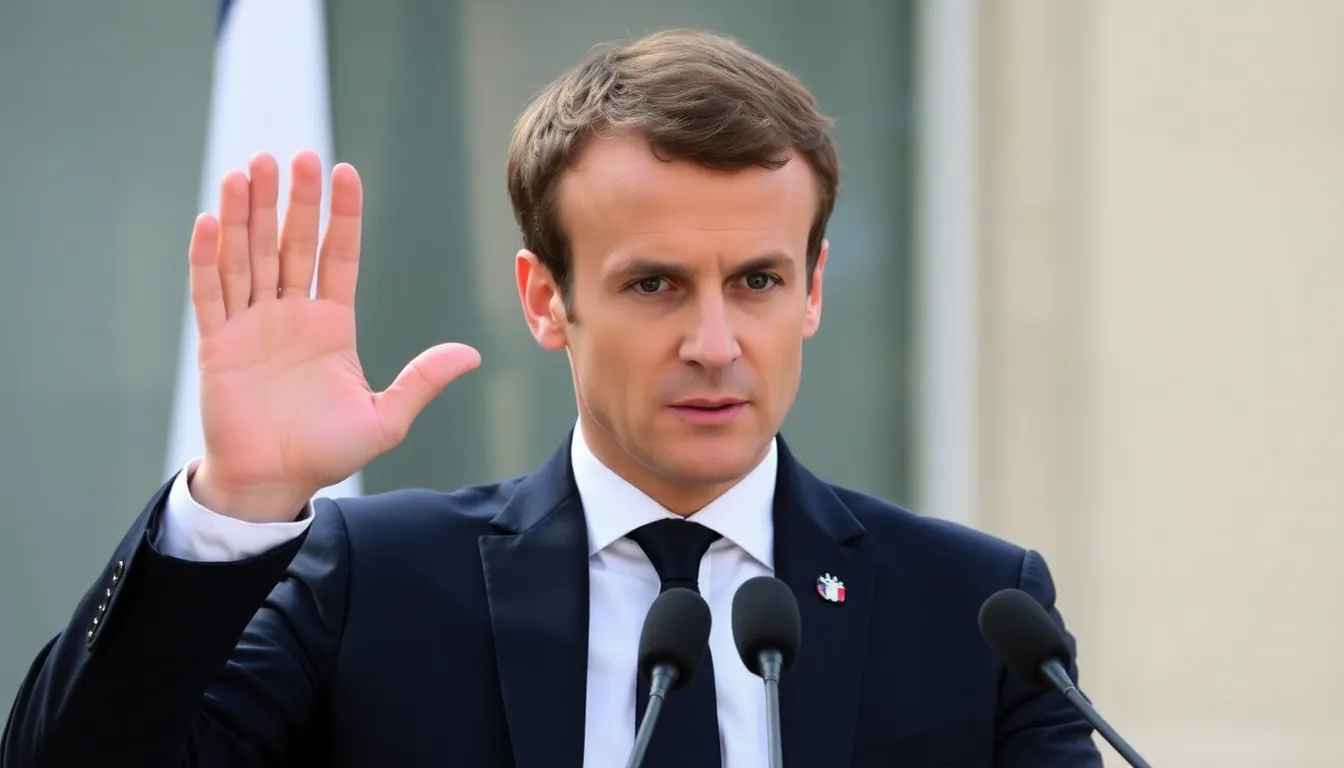 French President Emmanuel Macron gestures emphatically while interrupting a speaker during a town hall meeting, as attendees look on with mixed expressions of surprise and concern.