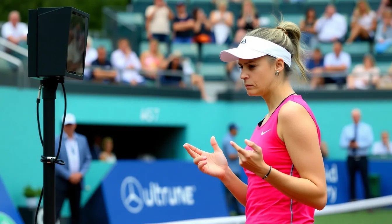Elena Rybakina gestures in frustration during her quarterfinal match at the Madrid Open, questioning the accuracy of electronic linecalling technology after a series of disputed calls.