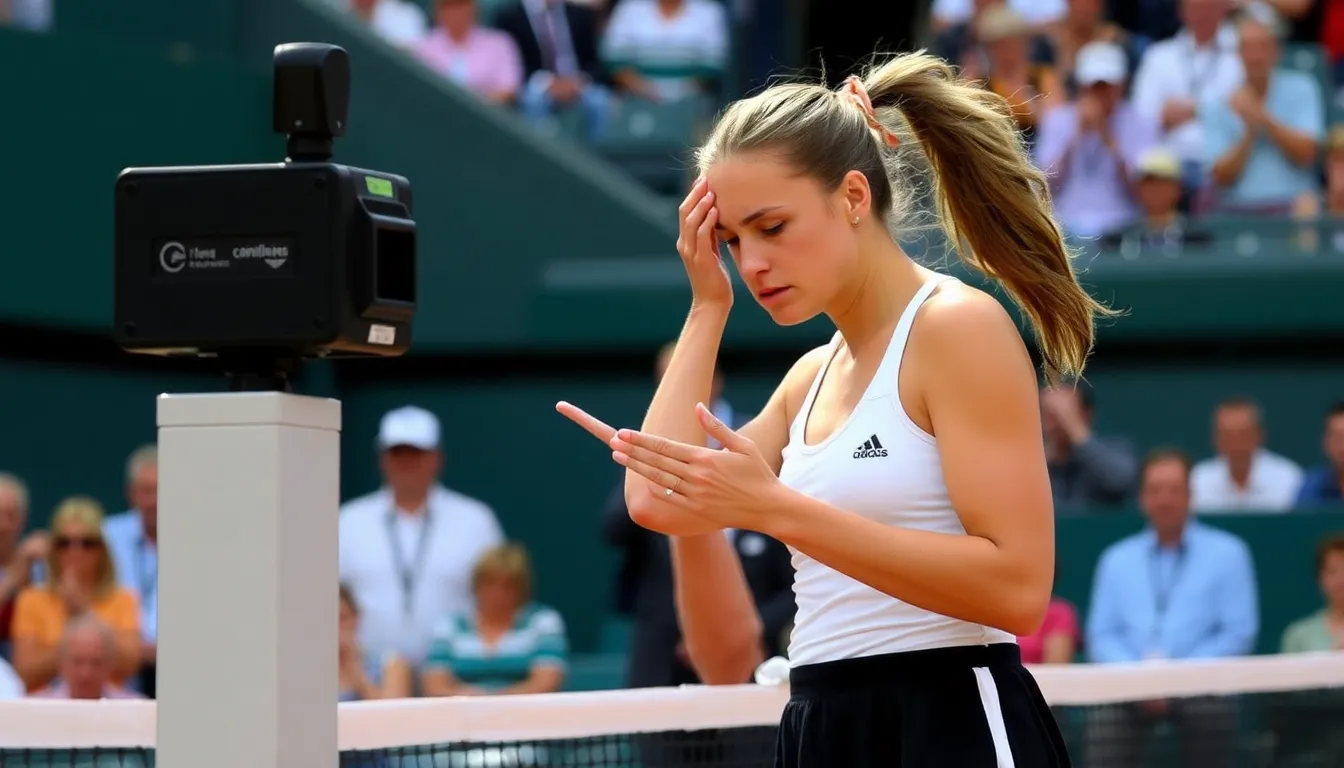 A closeup of Rybakina on the court, visibly upset after a disputed call that affected her performance in the highstakes match