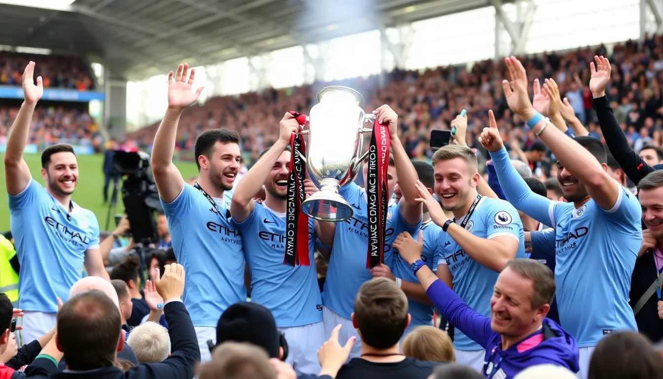 Manchester City players celebrate on the pitch after their FA Cup victory over Manchester United at Wembley Stadium.