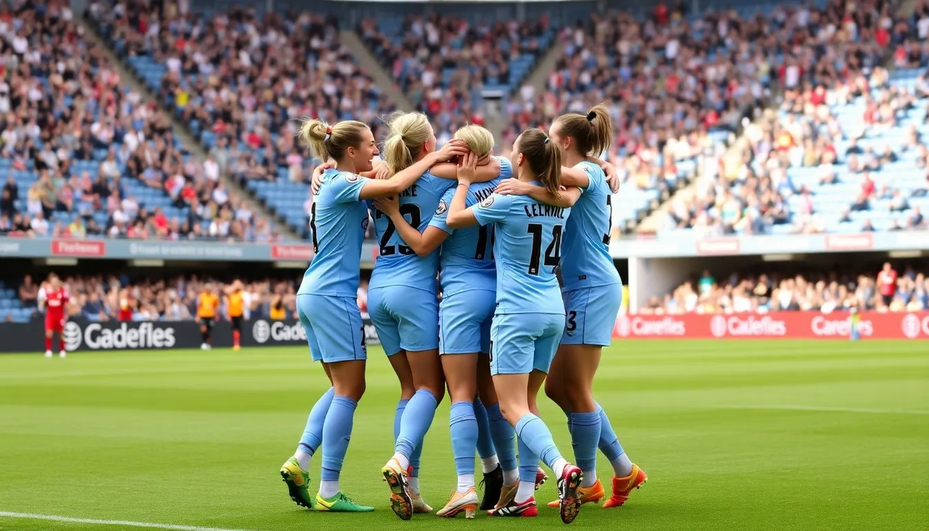 Manchester City players celebrate on the pitch after winning the Women's Super League title, surrounded by cheering fans waving banners and flags.