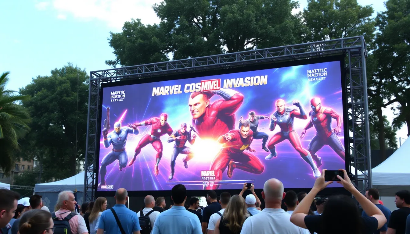 Fans eagerly gather around gaming stations to celebrate the launch of the Marvel Cosmic Invasion DLC, showcasing excitement for the new fighters and gameplay enhancements.