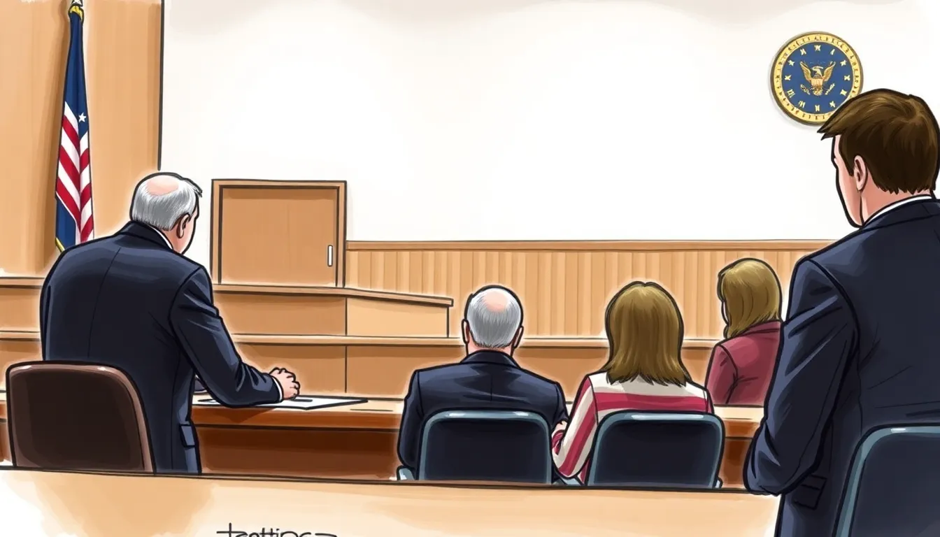A courtroom scene shows the drug addiction counsellor being sentenced, with reporters and onlookers present as the judge delivers the verdict related to Matthew Perry's overdose.