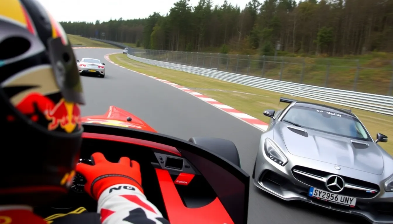 The Nurburgring Mercedes racing down a straightaway, demonstrating the power of its revised energy recovery system during a critical moment of the race