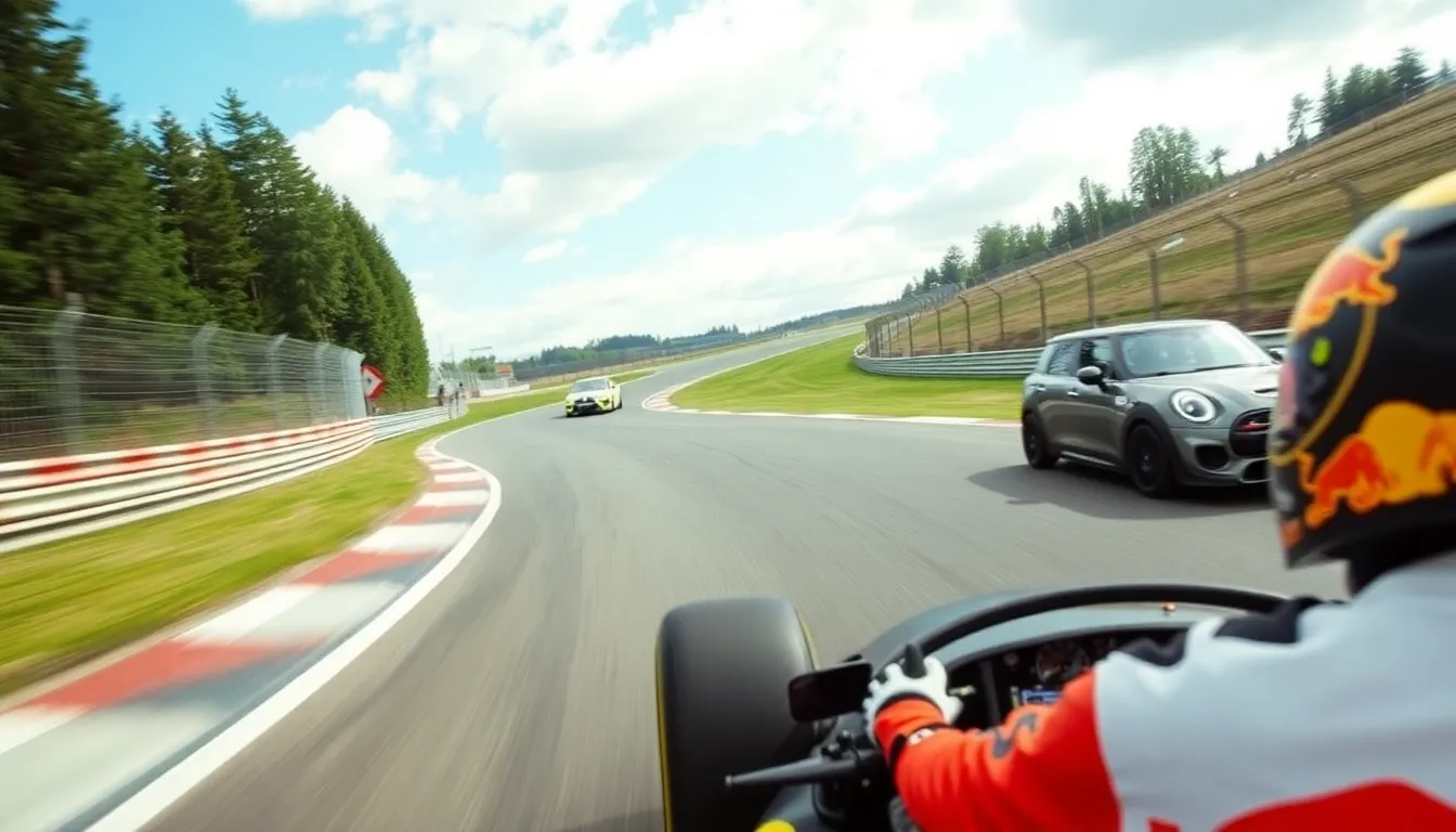 Max Verstappen navigates a sharp turn in his Nurburgring Mercedes during a practice session, showcasing the car's distinctive aerodynamic features against the backdrop of the iconic racetrack.