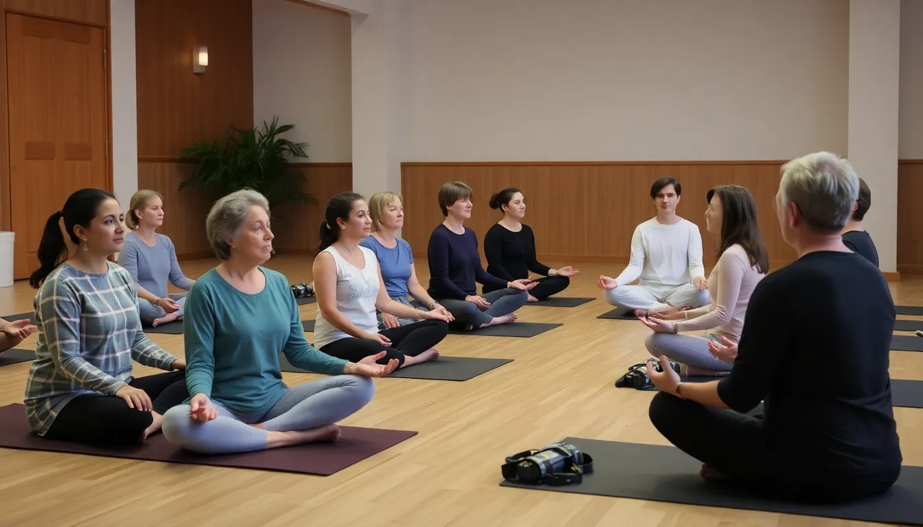 a diverse group of individuals practicing meditation in a serene outdoor setting, surrounded by nature, as they focus on enhancing their mental wellbeing.