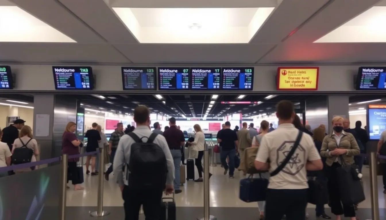 Travelers wait anxiously in a crowded terminal at Melbourne Airport as security personnel respond to a bomb scare caused by a laser hair removal device.