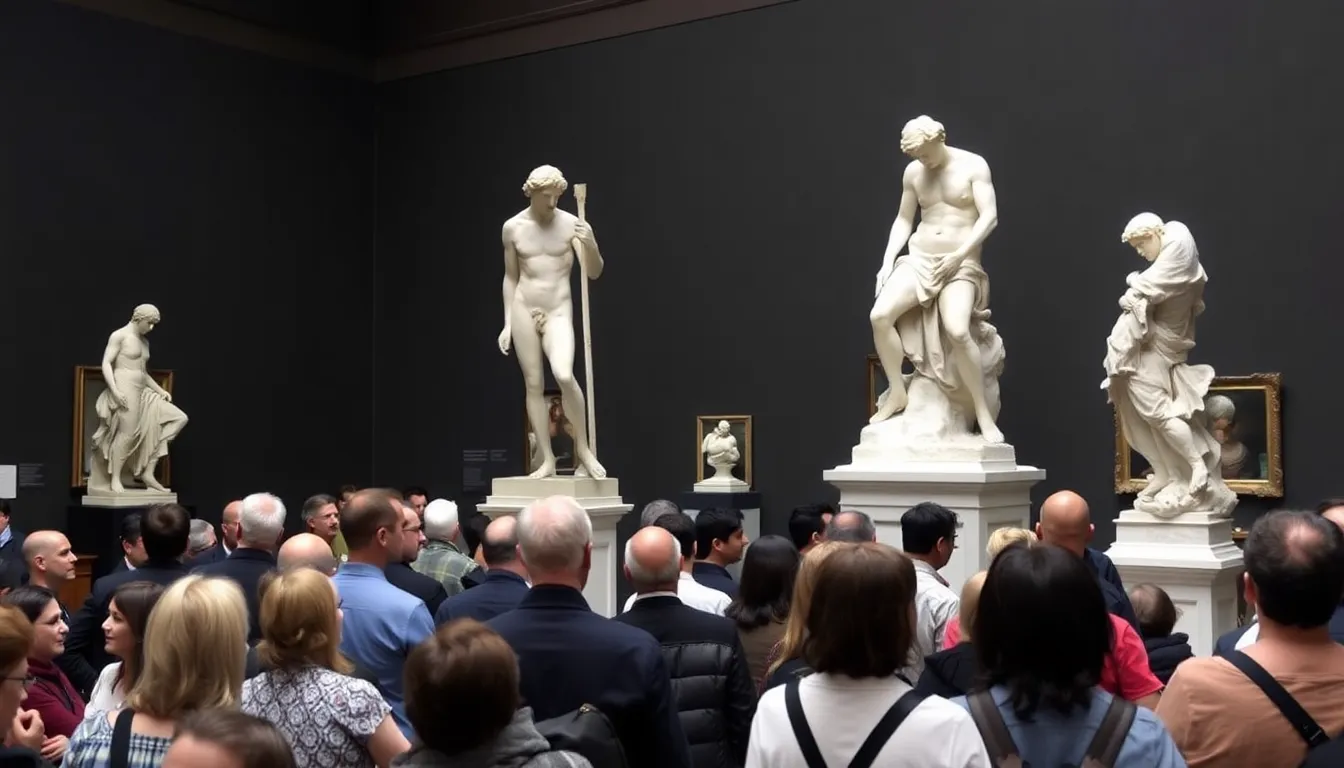 Visitors admire contemporary sculptures inspired by Michelangelo and Rodin at the "Sculpting Emotion" exhibition in Madrid, surrounded by classic works that highlight the emotional depth of these iconic artists.