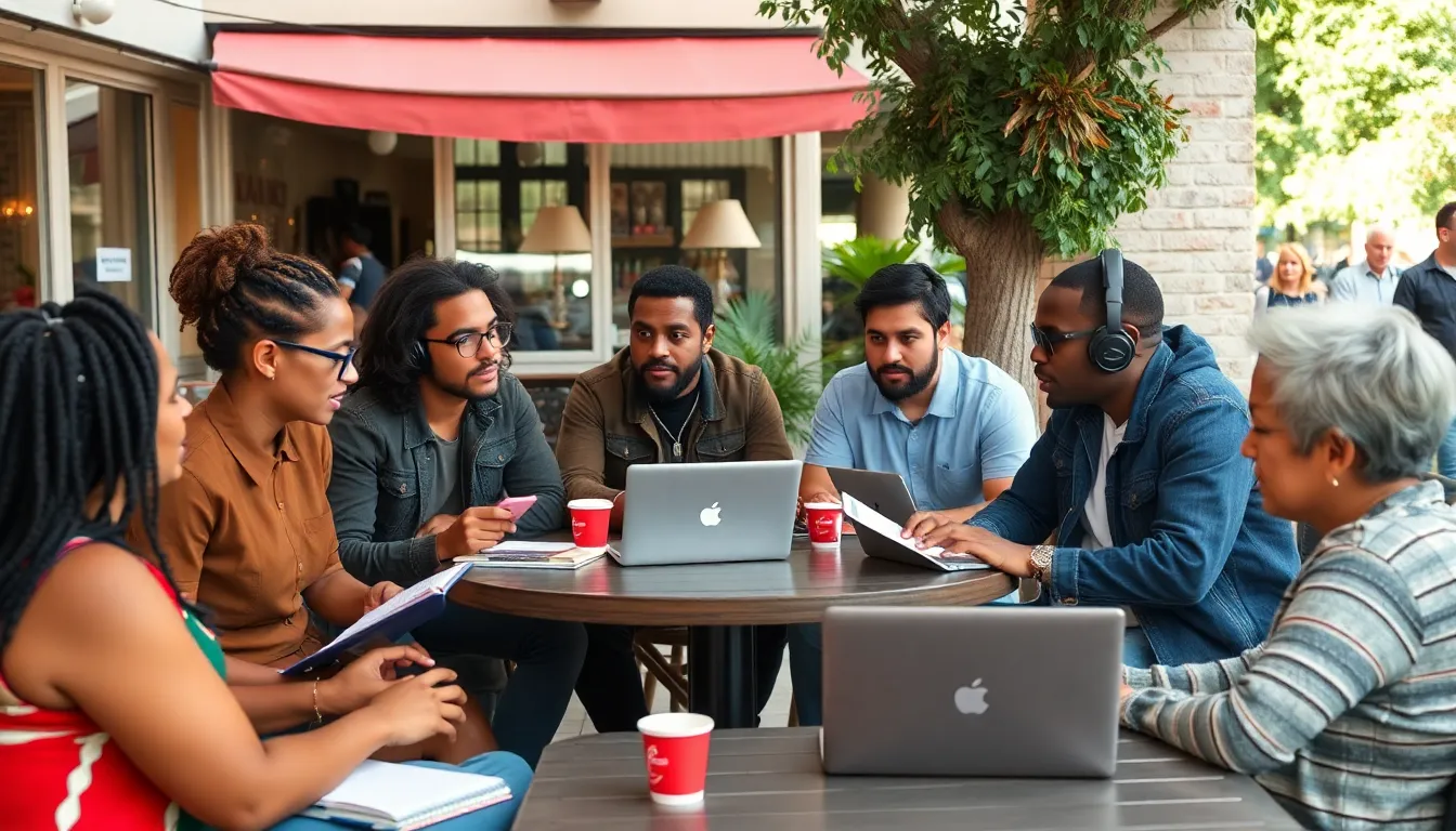 A group of young musicians gathers in a vibrant studio, passionately discussing their latest mixtape collaborations while surrounded by recording equipment and colorful artwork.