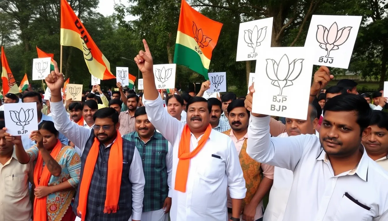 Supporters of the Bharatiya Janata Party celebrate their historic victory in the West Bengal assembly elections, waving flags and chanting slogans in a vibrant rally.