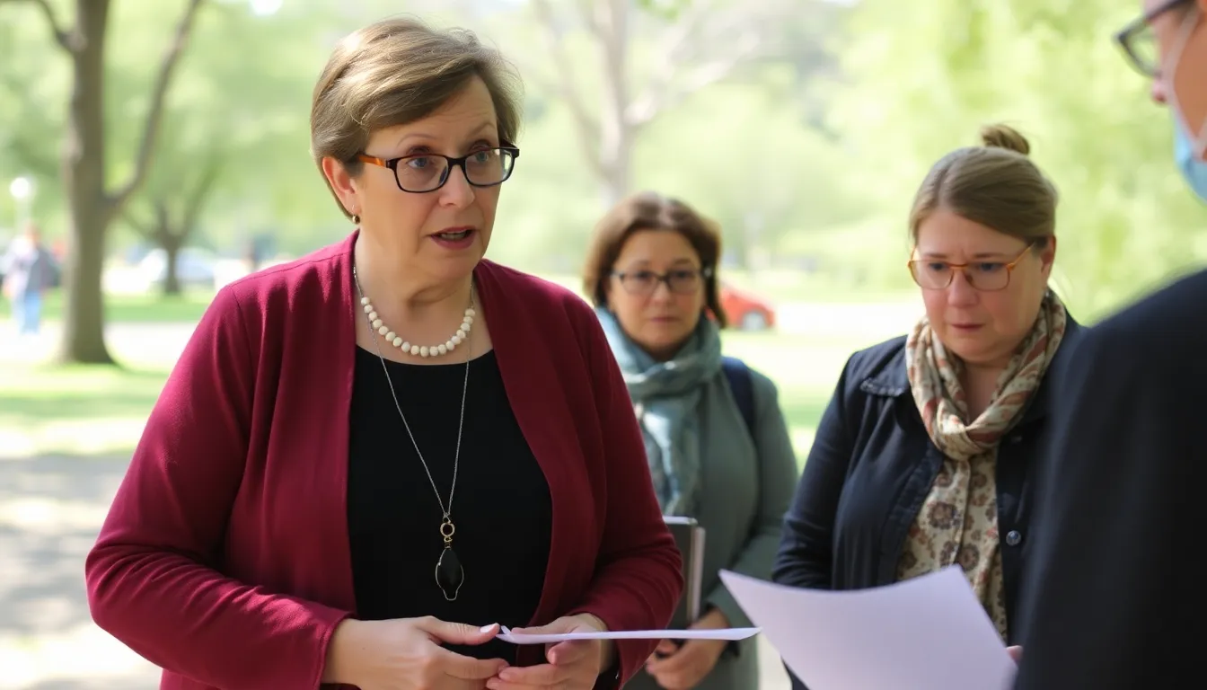 A local choir leader stands at a park, gesturing expressively while discussing concerns about the newly implemented park fee structure with a group of mothers.