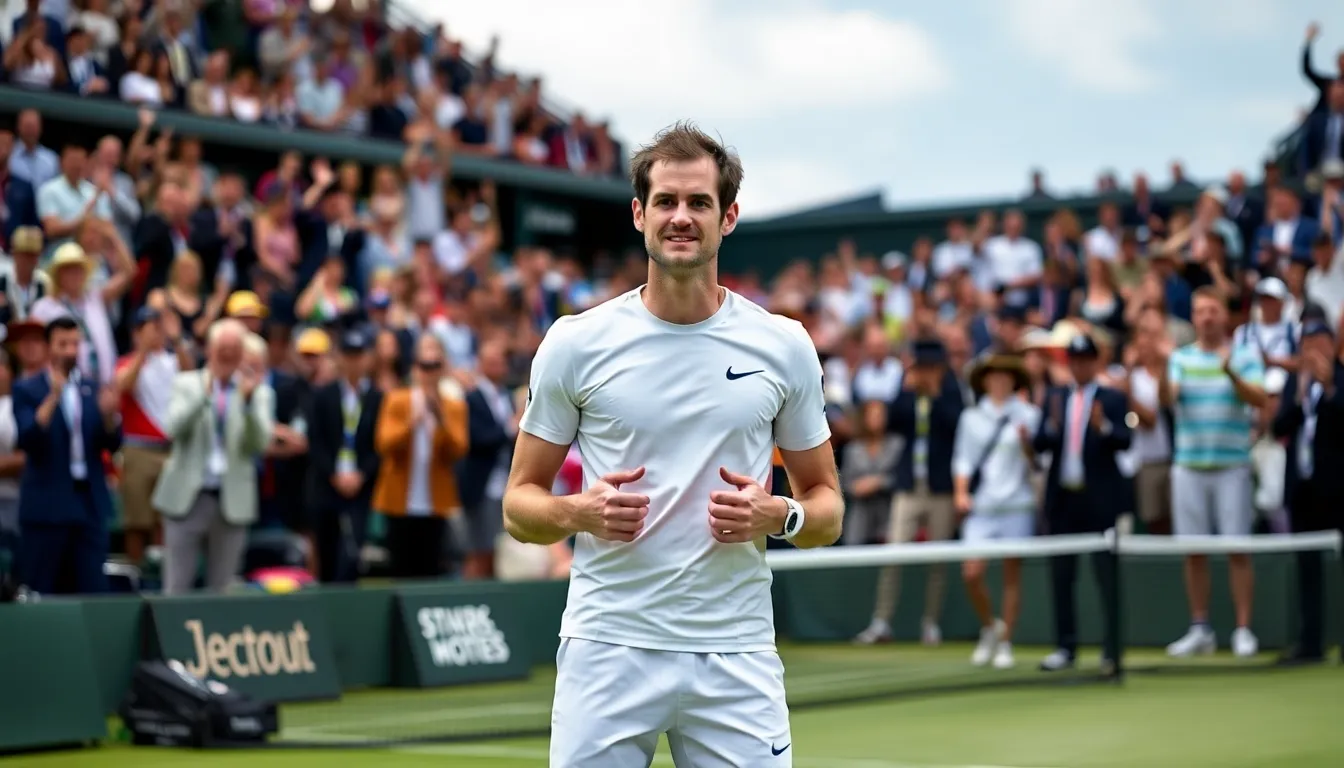 Andy Murray stands at a press conference podium, visibly emotional as he announces his retirement from professional tennis, with reporters and cameras capturing the moment in the background.