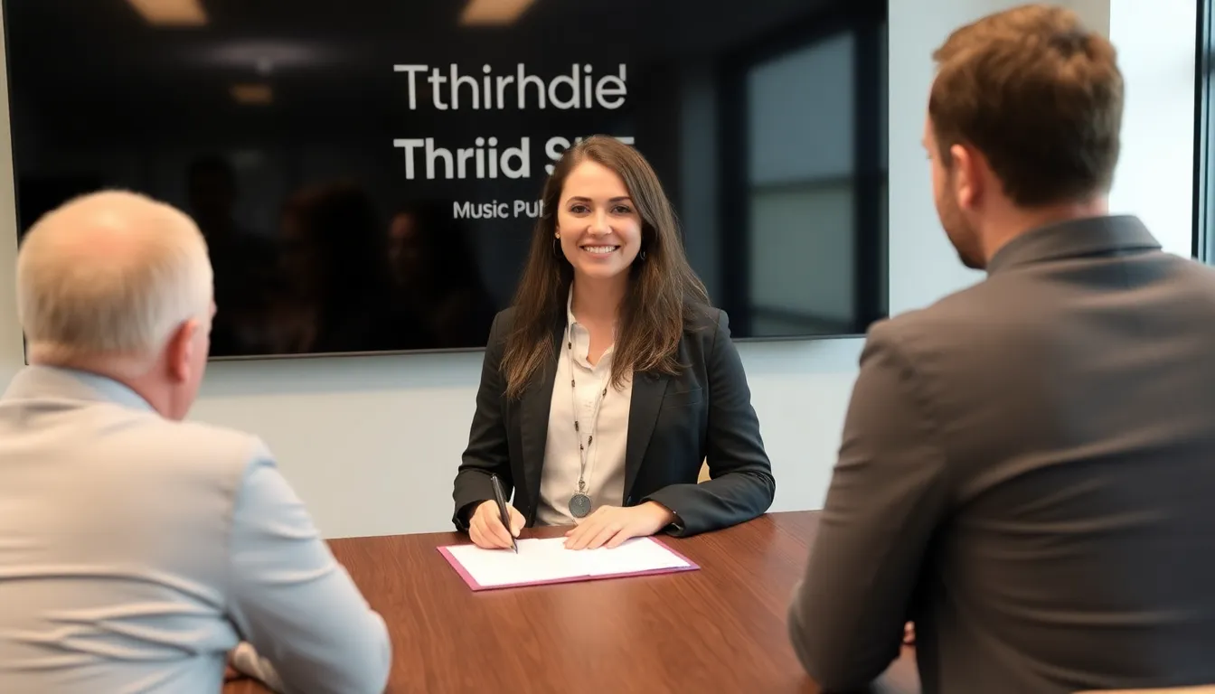 Angine de Poitrine smiles as she signs her contract with Third Side Music Publishing, while representatives from the label look on in a celebratory atmosphere.