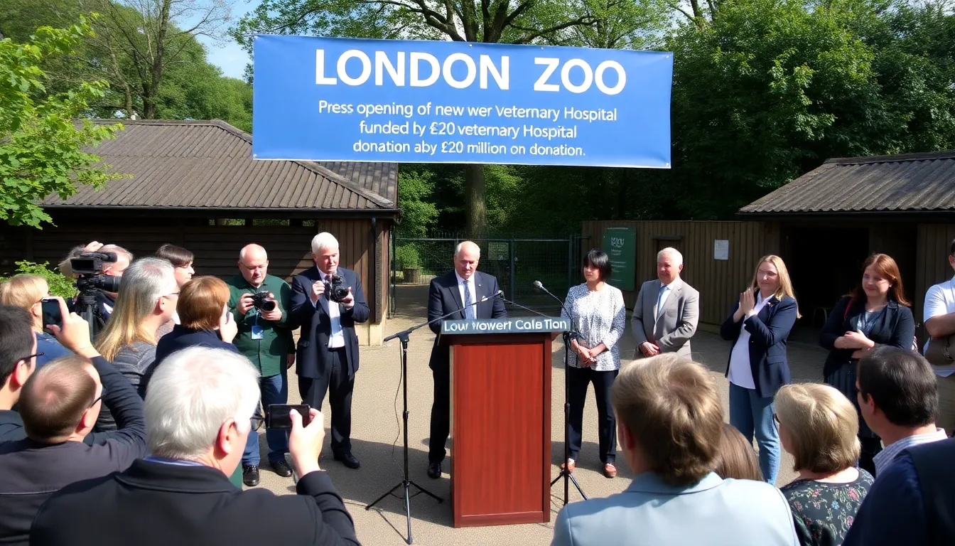 A group of zoo officials and veterinarians stand proudly outside the newly constructed veterinary hospital at London Zoo, showcasing the modern facility that will enhance animal care and public education.