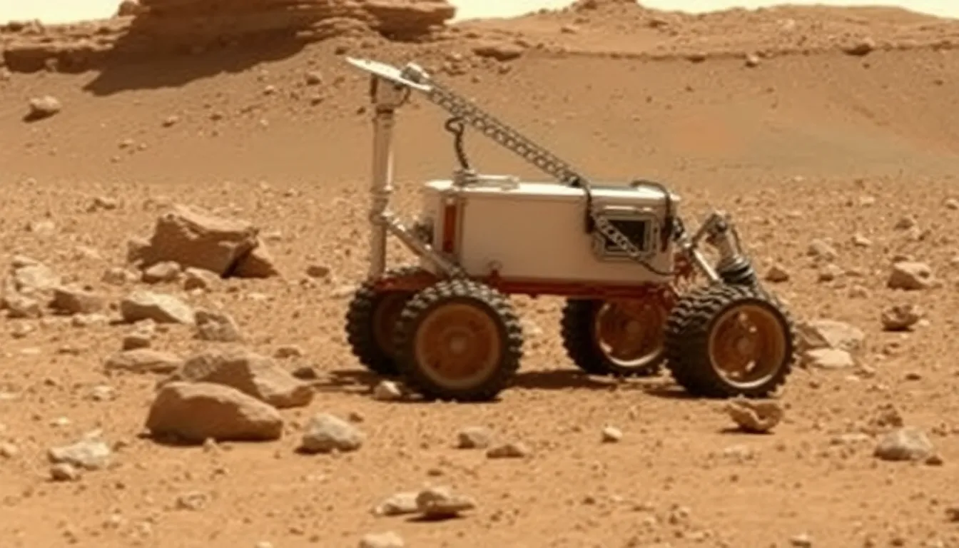 The diverse Martian landscape is depicted as Curiosity continues its journey, emphasizing the obstacles faced by robotic rovers in space exploration