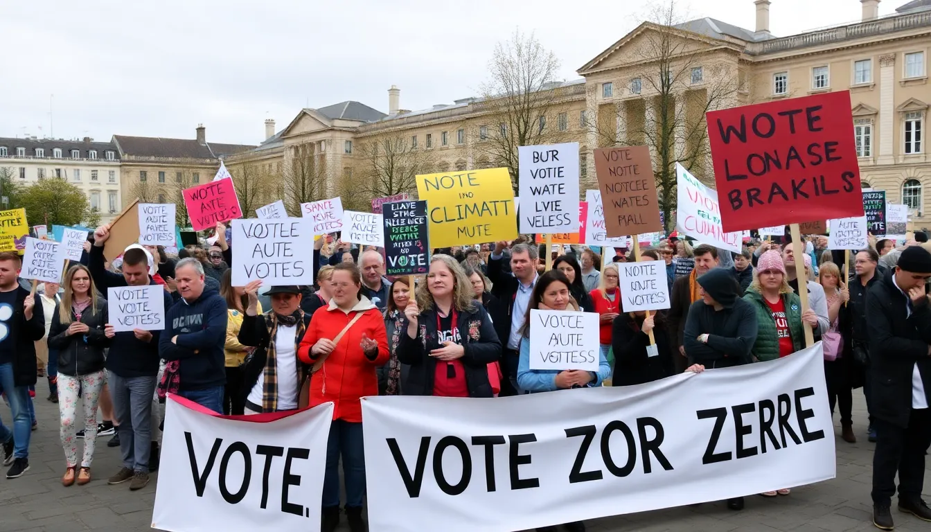 A group of concerned citizens gathers at a town hall meeting, discussing the implications of net zero policies on local economic stability and energy security.