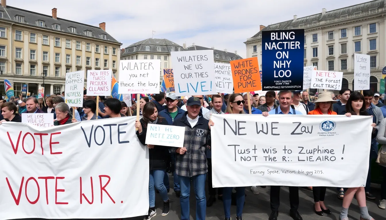 A political leader addressing a crowd, emphasizing the importance of balancing climate action with economic growth during a public rally