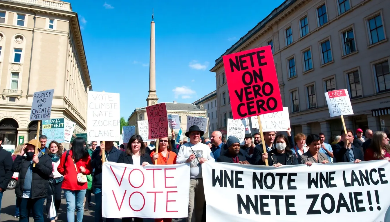 Young activists participating in a climate march, holding signs that advocate for urgent action on sustainability and net zero emissions