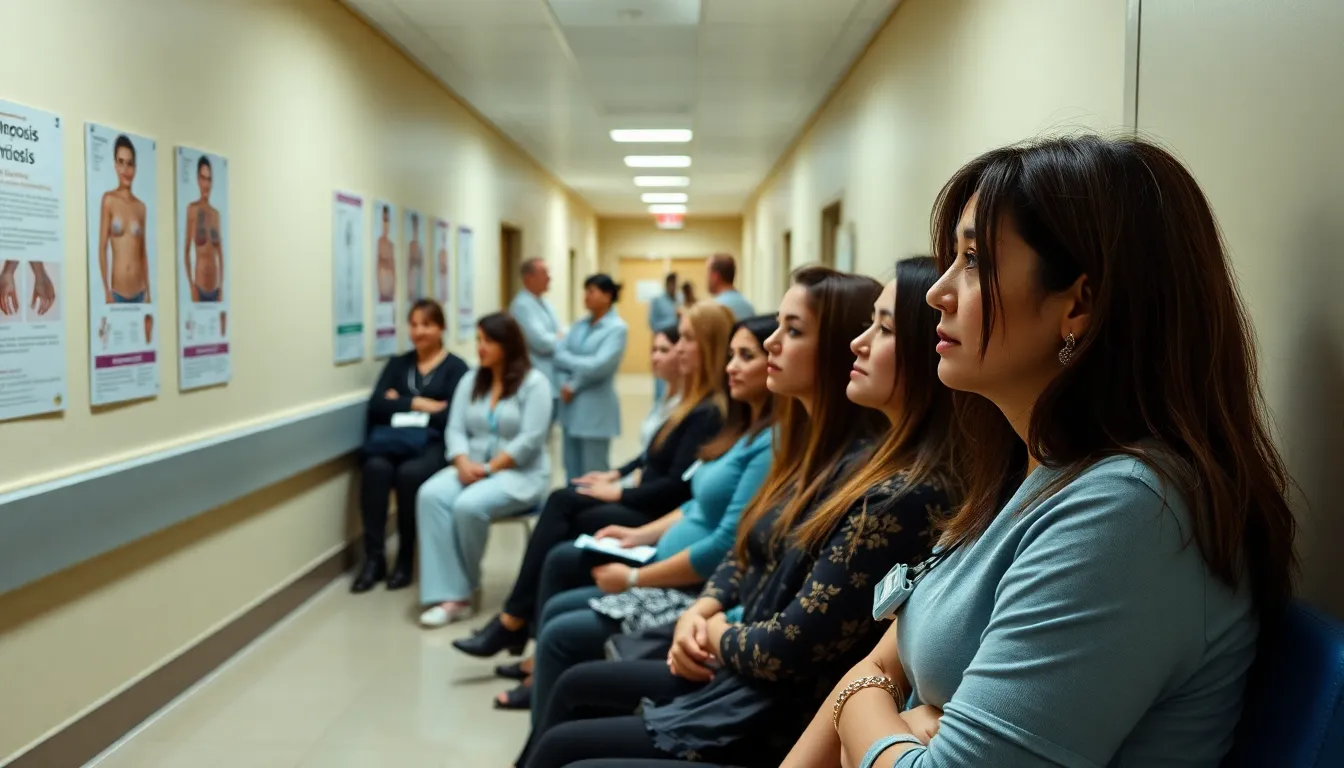 A group of women sits in a waiting room, visibly frustrated and anxious as they await their appointments for endometriosis diagnosis and treatment.