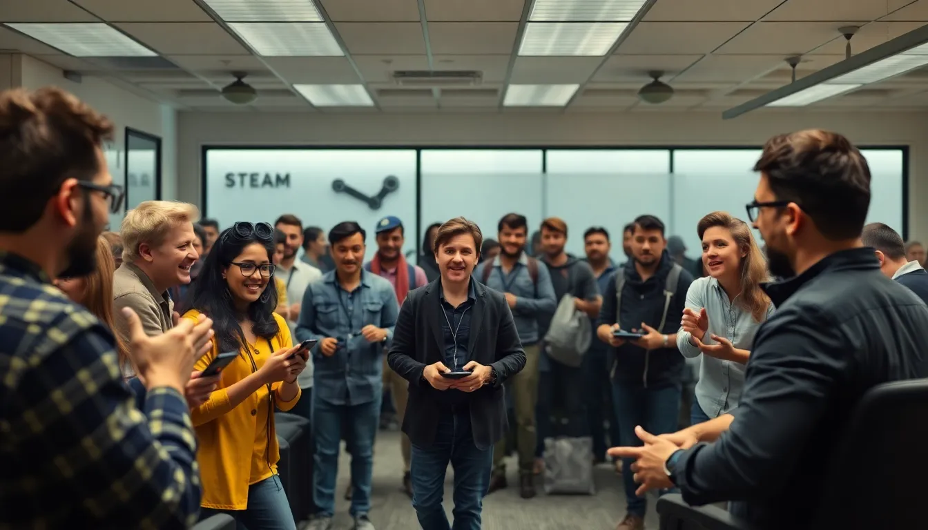 A group of gamers eagerly discusses the new reservation system for the Steam Controller outside a gaming store, with visible excitement and anticipation on their faces.