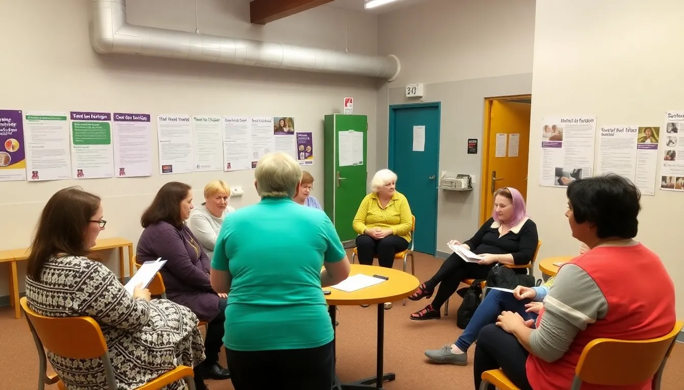 A group of local residents gathers in a community center in Newcastle's Burn, engaging in a mental health workshop aimed at promoting awareness and encouraging individuals to seek support.