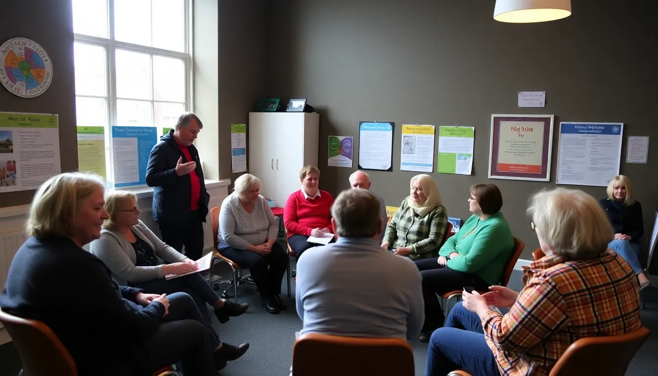 A group discussion among community members sharing their experiences and promoting open conversations about mental health
