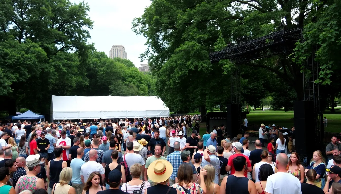 A diverse crowd enjoys live music at a summer concert in Central Park, with people dancing and sitting on blankets under the warm sun.