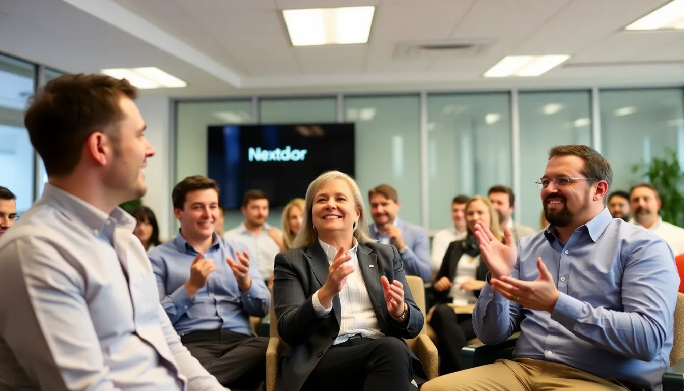 Nextdoor executives celebrate a successful earnings call, discussing strategies for community engagement and local advertising as stock prices rise in response to positive financial news.