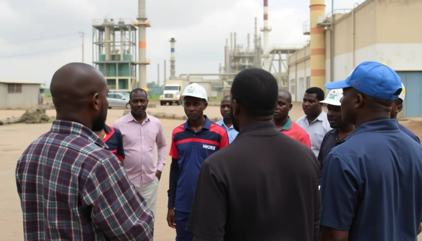 Workers gather outside the Nigerian refinery, holding banners and chanting in protest against the dismissal of union members amidst ongoing labor disputes.