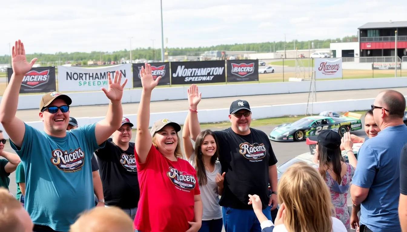 Team officials and sponsors celebrate the official announcement of the Northampton speedway team's name during a press conference at the local stadium, with banners and merchandise displayed in the background.