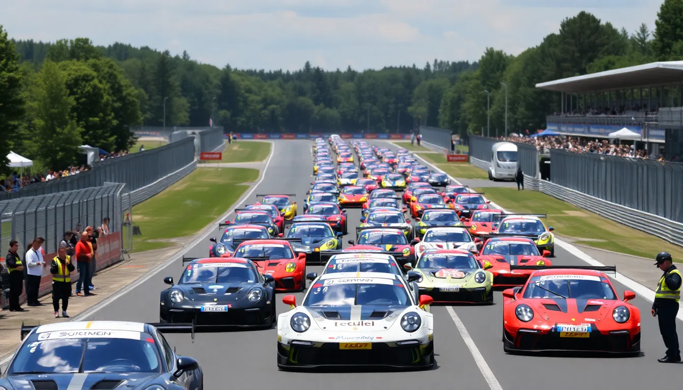 A bustling pit area at the Nurburgring 24 Hours shows teams preparing their cars as excitement builds for the recordsetting race with 161 entries.