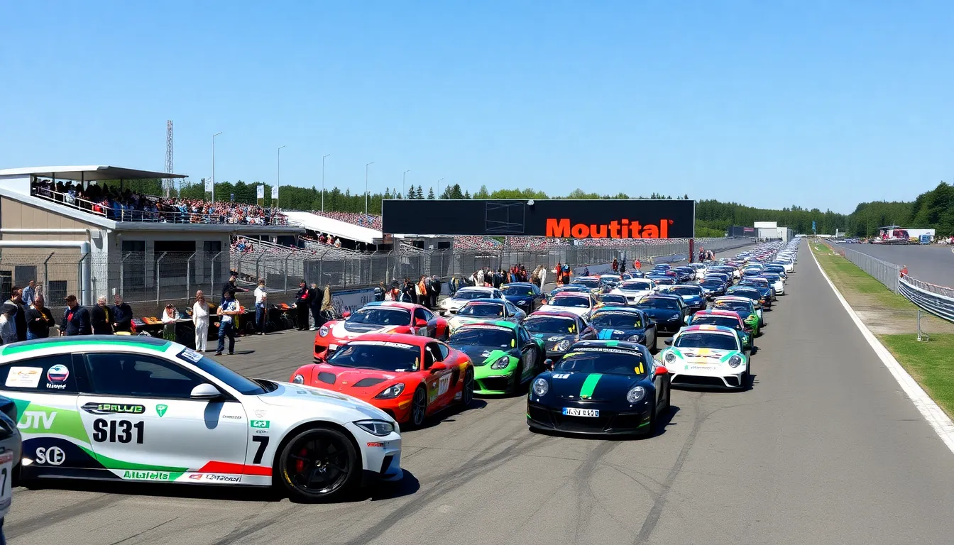 Enthusiastic fans fill the grandstands, eagerly awaiting the start of the race, as the atmosphere buzzes with excitement and anticipation for the thrilling competition ahead