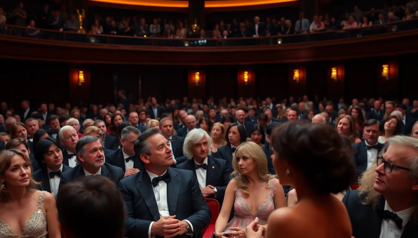 A vintage photograph capturing the moment a trophy was awarded at the Academy Awards ceremony, highlighting the excitement and prestige of the event