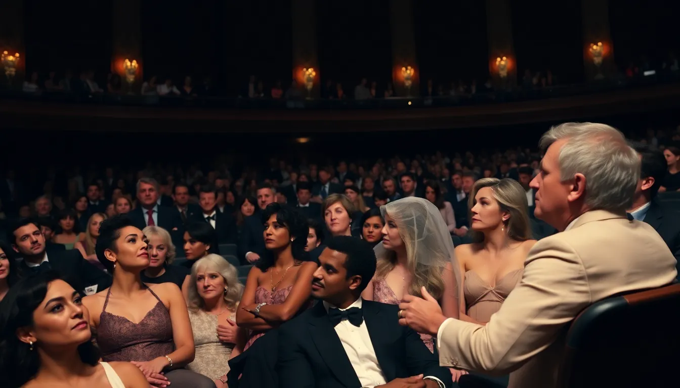 A scene depicting a group of filmmakers and actors gathered together, celebrating their achievements at the Oscars, amidst a backdrop of flashing cameras and fans
