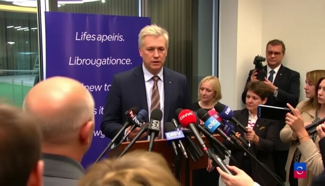 Nigel Farage stands at a podium addressing a crowd of reporters, with a backdrop displaying the words "Transparency in Political Funding" as he attempts to clarify the controversy surrounding a £5 million donation he received.
