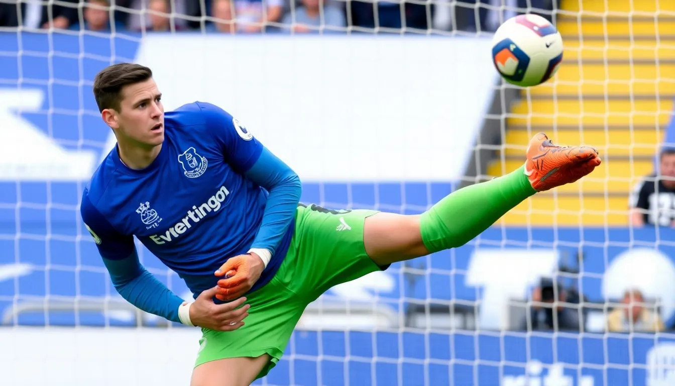 Jordan Pickford passionately gestures to Everton supporters during a tense match, showcasing his commitment to the team as they battle against relegation.