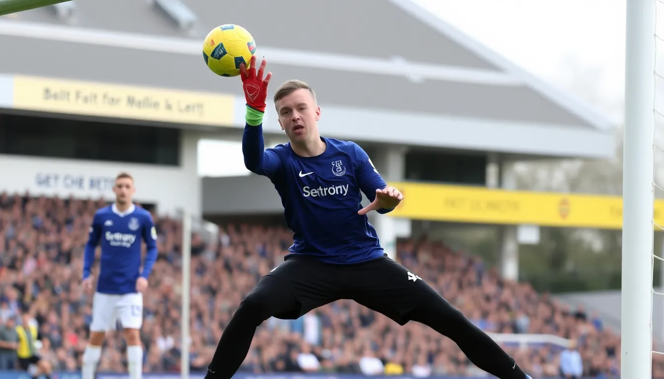 As the season progresses, Pickford's focused expression captures the intensity of the critical matches ahead, highlighting the importance of his performance for Everton's future
