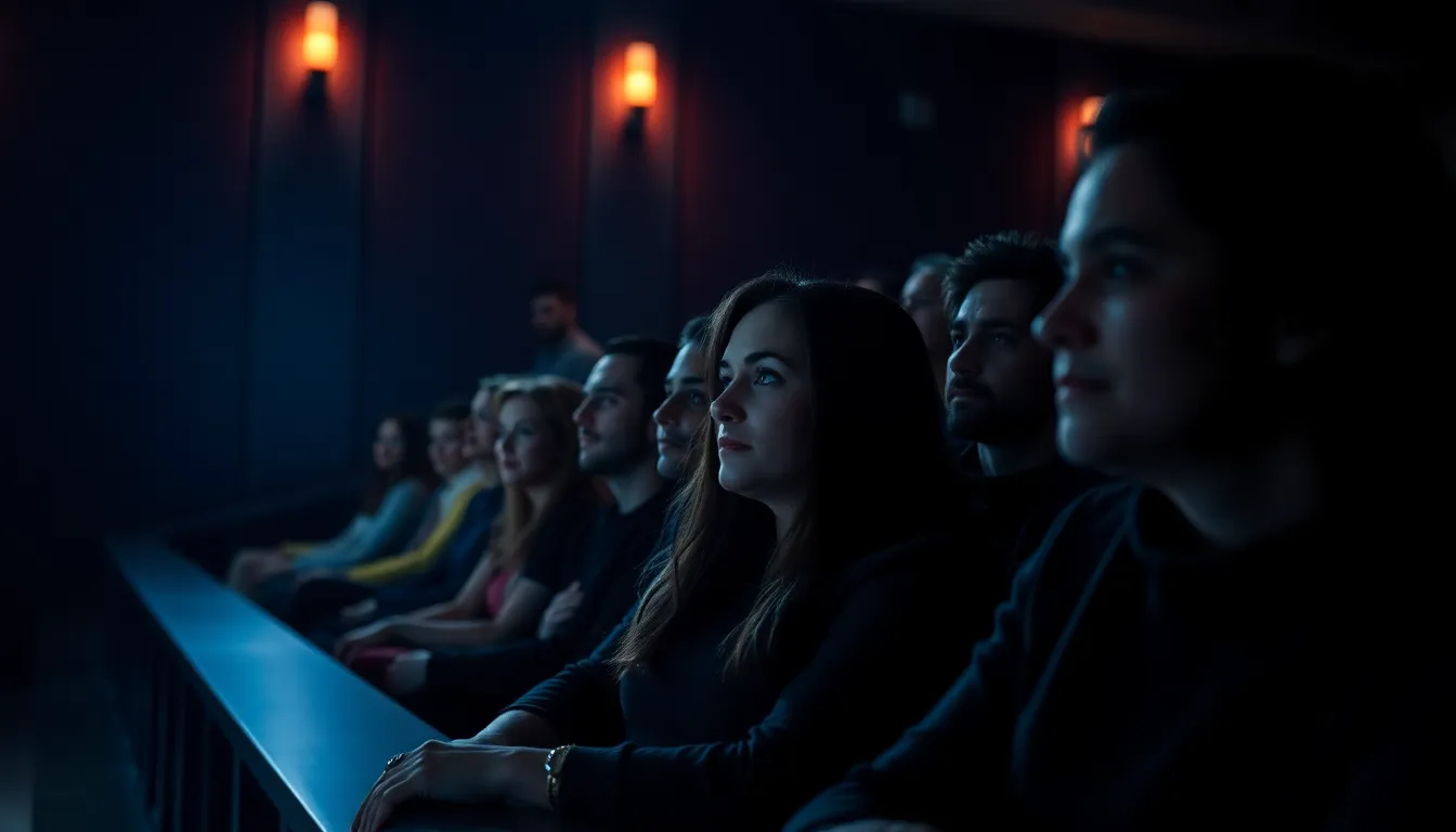 A crowd of film enthusiasts gathers outside a theater, eagerly discussing Nicolas Winding Refn's latest film as they await its premiere.