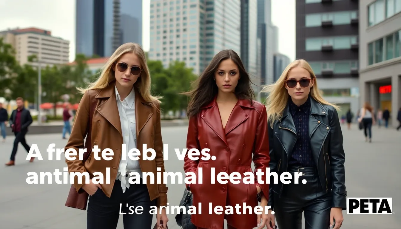 A group of fashion models poses in stylish outfits while holding signs that advocate for animal rights, drawing attention to PETA's campaign against the use of animal skins in clothing.