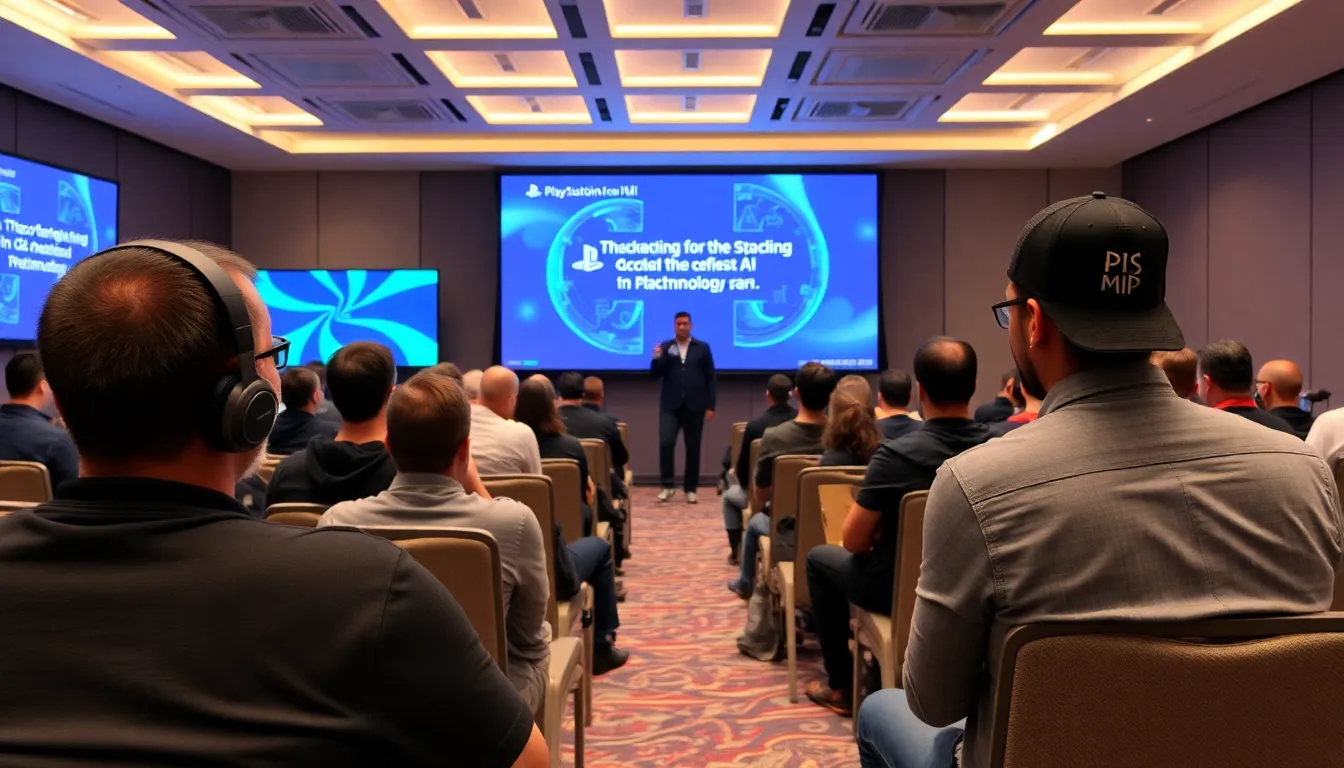 A group of gamers discusses the implications of PlayStation's recent AI advancements at a gaming convention, surrounded by displays showcasing upcoming titles.