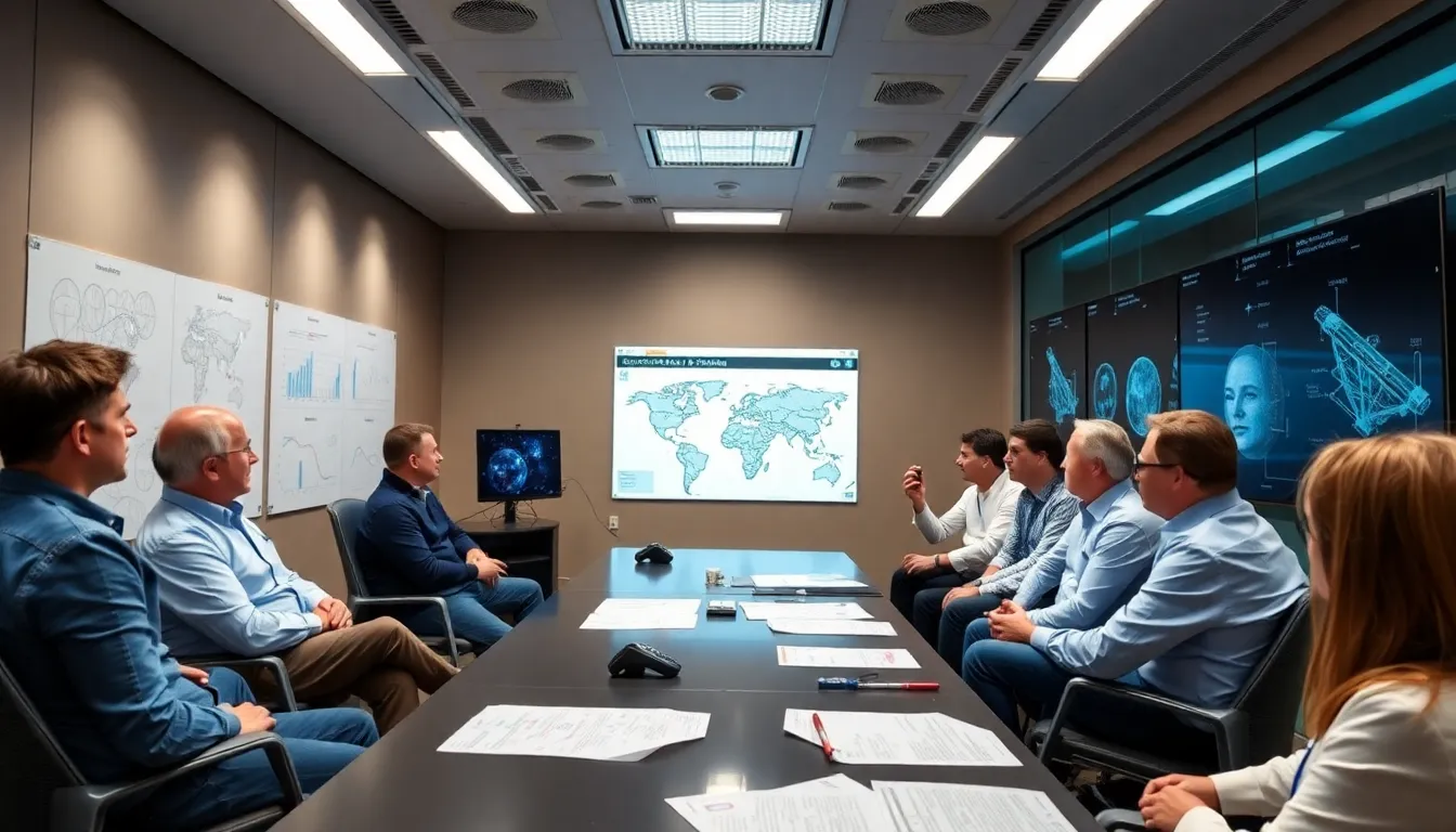 A group of scientists and engineers discusses plans for lunar and Martian exploration at a recent international space conference, surrounded by models of spacecraft and planetary landscapes.